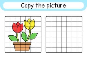 Copy the picture and color flower tulip. Complete the picture. Finish the image. Coloring book. Educational drawing exercise game for children vector