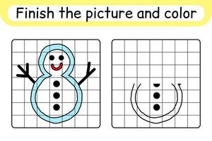 Complete the picture snowman. Copy the picture and color. Finish the image. Coloring book. Educational drawing exercise game for children vector