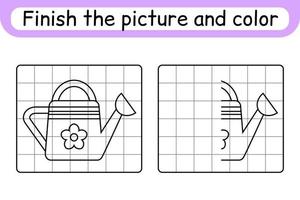 Complete the picture watering can. Copy the picture and color. Finish the image. Coloring book. Educational drawing exercise game for children vector