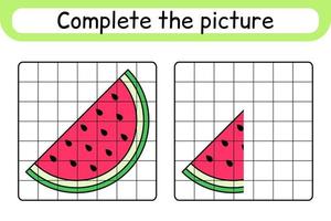 Complete the picture watermelon. Copy the picture and color. Finish the image. Coloring book. Educational drawing exercise game for children vector