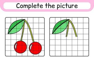 Complete the picture cherry. Copy the picture and color. Finish the image. Coloring book. Educational drawing exercise game for children vector