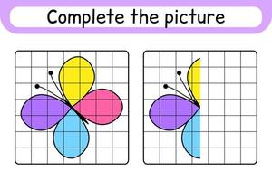 Complete the picture butterfly. Copy the picture and color. Finish the image. Coloring book. Educational drawing exercise game for children vector