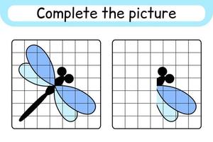 completa la imagen libélula. copiar la imagen y el color. terminar la imagen. libro de colorear. juego educativo de ejercicios de dibujo para niños vector