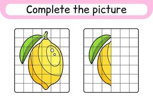 Complete the picture lemon. Copy the picture and color. Finish the image. Coloring book. Educational drawing exercise game for children vector