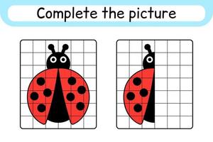 Complete the picture ladybug. Copy the picture and color. Finish the image. Coloring book. Educational drawing exercise game for children vector