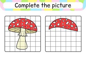 completa el cuadro hongo amanita. copiar la imagen y el color. terminar la imagen. libro de colorear. juego educativo de ejercicios de dibujo para niños vector