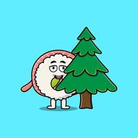 Cute cartoon Rice sushi rolls sashimi hiding tree vector