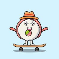 cartoon Rice sushi rolls sashimi stand skateboard vector