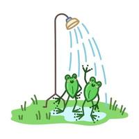 Two cute frogs under summer shower. Kawaii illustration in cartoon style. Vector art hand drawn on white background.