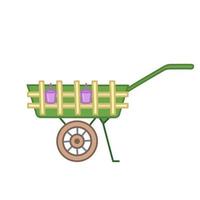 Decorative garden cart with yellow wooden fence. Empty. Hand drawn illustration in cartoon style. Vector isolated on white background.