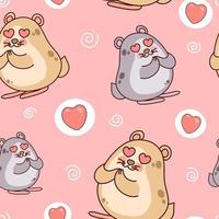 Kawaii hamster with hearts in eyes. Lovely mouse. Seamless pattern on pink background. vector