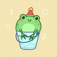 Cute frog is sitting in bucket. Kawaii character in japanese style. Cartoon vector illustration.