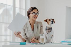 una empresaria ocupada trabaja con papeles, prepara informes comerciales, se concentra en el monitor de la computadora, se viste formalmente, el perro se sienta cerca, posa en el escritorio con blocs de notas alrededor. mascota ayuda a trabajar foto