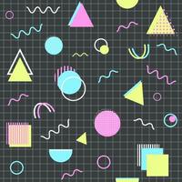 Memphis geometric abstract background. Modern, hipster pattern with geometric figures, halftone dots, graphic lines. Pink, blue, green, white shapes on black background. Style 80s, 90s. Vector