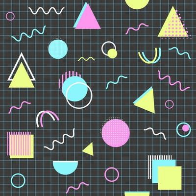 Memphis geometric abstract background. Modern, hipster pattern with geometric figures, halftone dots, graphic lines. Pink, blue, green, white shapes on black background. Style 80s, 90s. Vector