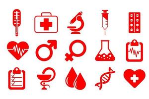 Big set of medical icons, thermometer, syringe, heart, microscope, DNA code, flask, adhesive plaster, pills. Pharmaceutical concept. Icons, vector