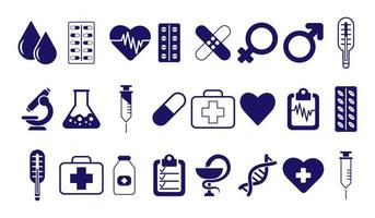 gran conjunto de íconos médicos, termómetro, jeringa, corazón, microscopio, código de adn, matraz, yeso adhesivo, pastillas. concepto farmacéutico. iconos, vectores