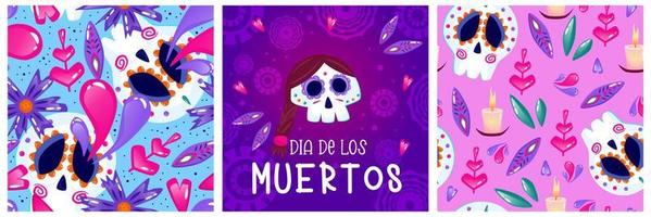 Muertos poster set, day dead with skull on purple background. Halloween costume. Cartoon vector illustration. Holiday Muertos background. Mexico catrina skeleton seamless pattern.