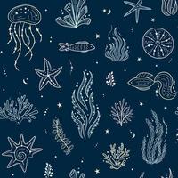 Seamless pattern with seashells, seaweed, jellyfish, fish and starfishes. Marine dark blue background. For printing, fabric, textile, manufacturing, wallpapers. Under the sea vector