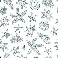patrón impecable con conchas marinas, corales y estrellas de mar. fondo azul oscuro marino. para impresión, tela, textil, fabricación, papel pintado. fondo del mar vector