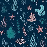 Seamless pattern with seaweed,  corals and starfishes. Marine dark blue background. For printing, fabric, textile, manufacturing, wallpapers. Under the sea vector