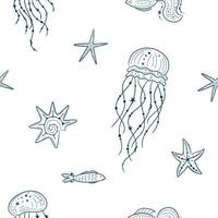 patrón impecable con conchas marinas, medusas y estrellas de mar. fondo mínimo marino. para impresión, tela, textil, fabricación, papel pintado. bajo el mar vector