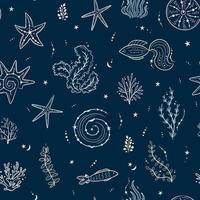 patrón impecable con conchas marinas, algas, peces y estrellas de mar. fondo azul oscuro marino. para impresión, tela, textil, fabricación, papel pintado. bajo el mar vector