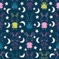 Nignt seamless pattern with rabbits, stars and moon. vector