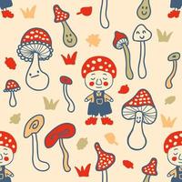 Cozy seamless pattern with gnomes and agaric mushrooms. vector