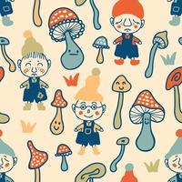 Autumn seamless pattern with gnomes and mushrooms. vector