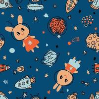 Doodle seamless pattern with bunny astronauts in space. Perfect print for tee, textile and fabric. vector