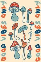 Agaric mushrooms slogan print with text GOOD VIBES ONLY. vector