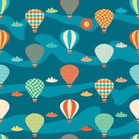 Groovy seamless pattern with hot air balloons, clouds and sun. vector