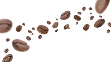 Flying whirl roasted coffee beans in the air studio shot isolated on white background long banner with copyspace, Healthy products by organic natural ingredients concept photo