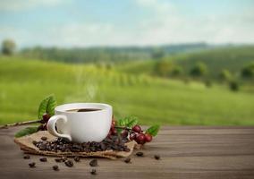 Hot coffee cup with fresh organic red coffee beans and coffee roasts on the wooden table and the black background with copyspace for your text. photo