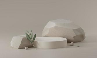 Abstract white round corner pedestal podium with stone and leaf, Product display podium in room, 3d rendering studio with geometric shapes, Cosmetic product minimal scene with platform photo