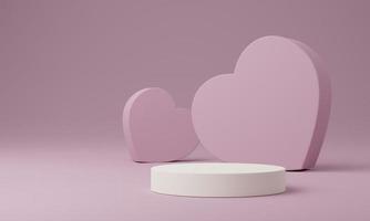 Cosmetic round podium or pedestal with heart on pink background, Abstract product display podium, 3d rendering studio with geometric shapes, Stand to show products background photo