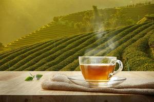 taza de té caliente y hojas de té en la mesa de madera y el fondo de las plantaciones de té foto