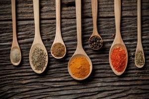 Herbs and spices and the spoon on the wooden table photo
