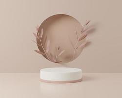 Abstract white round corner pedestal podium with leaves, Product display podium in room, 3d rendering studio with geometric shapes, Cosmetic product minimal scene with platform photo