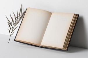 plantilla de maqueta de libro abierto realista con hojas secas foto