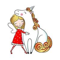 Hand drawn Cute Fairy girl hugging unicorn isolated on white background. Cartoon style. Design element for greeting cards, t-shirt and other. Vector illustration.