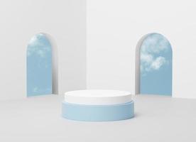 Abstract white round corner pedestal podium with blue sky, Product display podium in room, 3d rendering studio with geometric shapes, Cosmetic product minimal scene with platform photo