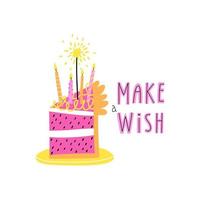 a piece of birthday cake with candles. make a wish. Vector illustration