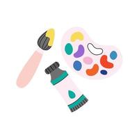 Palette with paints, acrylic colours tube, brush in paint for artist. Watercolour palette, paintbrush. Tools for drawing. Children's cute stationery subjects. Back to school, college, education, study vector