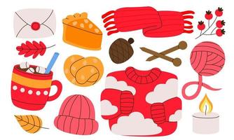 Cozy autumn set of sweater, falling leaves, candle, pumpkin pie, letter, pastries, threads, knitted hat, warming coffee. Hygge coziness. Seasonal food, drinks. Fall illustrations for the harvest. vector