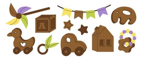 Set of wooden vintage toys for kids. Children car, duck, beanbag, elephant, toy cubes, house, flags. Educational nursery tools. Childhood, children games, preschool activities concept. Toy workshop. vector