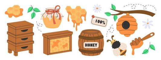 Set of honey production, beekeeping or apiculture attributes. Wooden beehive, hexagon honeycombs, bee, honey in glass jar, barrel, flowers, spoon, bee hive on tree. Organic natural sweets from apiary. vector