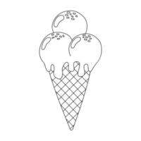 Ice cream in waffle cone simple outline vector illustration. Doodle style sundae