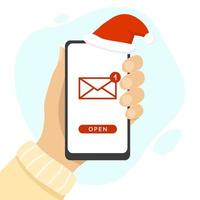 Human hand holding a mobile phone with envelope icon on the screen. Christmas mail, new year post concept. Santa red hat. Vector illustration